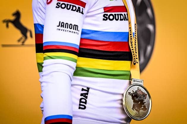 Belgian Remco Evenepoel of Soudal Quick-Step celebrates after winning stage five of the 2025 Tour de France cycling, a 33km time trial in Caen, France on Wednesday 09 July 2025. The 112th edition of the Tour de France starts on Saturday 5 July in Lille, France, and will finish in Paris, France on the 27th of July. JASPERxJACOBS  x128773185x