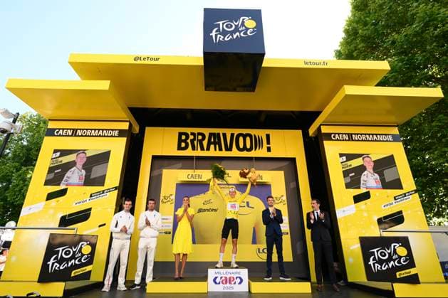 Tour de France 2025 Stage 5 CAEN, FRANCE - JULY 09 : Pogacar Tadej (SLO) of UAE Team Emirates pictured with the yellow jersey during the podium ceremony of stage 5 of the 112th edition of Tour de France an UCI World Tour 2.UWT Individual Time Trial stage for Men Elite of 33 km with start in Caen and finish in Caen on July 9, 2025 in Caen, France, 09 07 2025 ( Motordriver Kenny Verfaillie - Caen France  Copyright: xVincentxKalutx