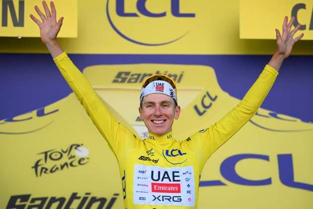 Tour de France 2025 Stage 5 CAEN, FRANCE - JULY 09 : Pogacar Tadej (SLO) of UAE Team Emirates pictured with the yellow jersey during the podium ceremony of stage 5 of the 112th edition of Tour de France an UCI World Tour 2.UWT Individual Time Trial stage for Men Elite of 33 km with start in Caen and finish in Caen on July 9, 2025 in Caen, France, 09 07 2025 ( Motordriver Kenny Verfaillie - Caen France  Copyright: xVincentxKalutx
