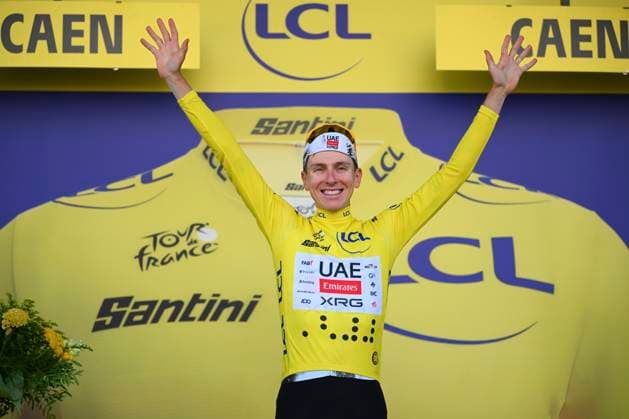 Tour de France 2025 Stage 5 CAEN, FRANCE - JULY 09 : Pogacar Tadej (SLO) of UAE Team Emirates pictured with the yellow jersey during the podium ceremony of stage 5 of the 112th edition of Tour de France an UCI World Tour 2.UWT Individual Time Trial stage for Men Elite of 33 km with start in Caen and finish in Caen on July 9, 2025 in Caen, France, 09 07 2025 ( Motordriver Kenny Verfaillie - Caen France  Copyright: xVincentxKalutx