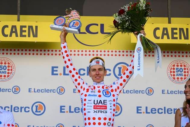 Tour de France 2025 Stage 5 CAEN, FRANCE - JULY 09 : Pogacar Tadej (SLO) of UAE Team Emirates pictured with the polka dot jersey during the podium ceremony of stage 5 of the 112th edition of Tour de France an UCI World Tour 2.UWT Individual Time Trial stage for Men Elite of 33 km with start in Caen and finish in Caen on July 9, 2025 in Caen, France, 09 07 2025 ( Motordriver Kenny Verfaillie - Caen France  Copyright: xVincentxKalutx