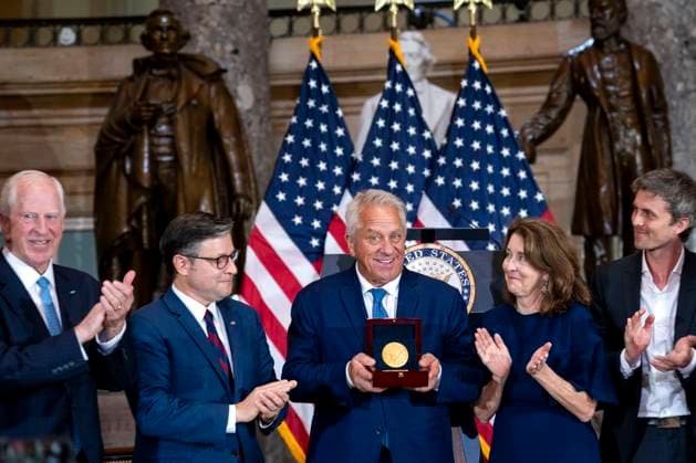 American cyclist Greg Lemond receives the Congressional Medal of Honor during a ceremony in Statuary Hall at the U.S. Capitol in Washington, DC on Wednesday, July 9, 2025. Lemond, the first American to win the Tour de France, was awarded the medal in 2020 but the ceremony was delayed due to the COVID-19 pandemic.  WAP20250709304 BONNIExCASH