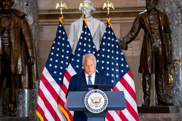 American cyclist Greg Lemond speaks after receiving the Congressional Medal of Honor in Statuary Hall at the U.S. Capitol in Washington, DC on Wednesday, July 9, 2025. Lemond, the first American to win the Tour de France, was awarded the medal in 2020 but the ceremony was delayed due to the COVID-19 pandemic.  WAP20250709307 BONNIExCASH