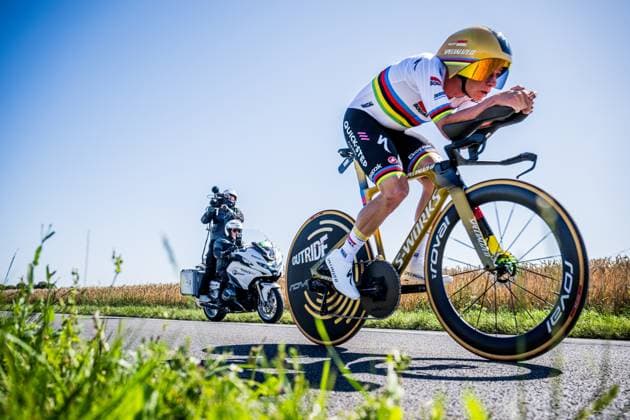 Belgian Remco Evenepoel of Soudal Quick-Step pictured in action during stage five of the 2025 Tour de France cycling, a 33km time trial in Caen, France on Wednesday 09 July 2025. The 112th edition of the Tour de France starts on Saturday 5 July in Lille, France, and will finish in Paris, France on the 27th of July. JASPERxJACOBS  x128780866x
