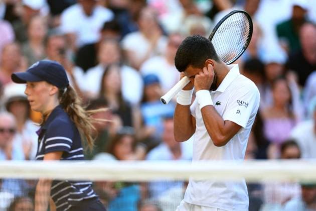 Novak Djokovic reacts after breaking Flavio Cobolli during his Quarter Final match Wimbledon Tennis Championships, Day 10, The All England Lawn Tennis and Croquet Club, London, UK - 09 Jul 2025London The All England Lawn Tennis and United Kingdom  Copyright: xJamesxMarsh Shutterstockx 15389394gh