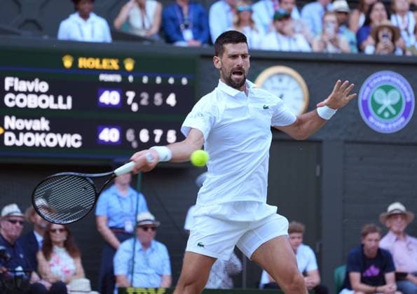 Tennis - 2025 Wimbledon Championships - Men™s singles- Quarter Final - Flavio Cobolli v Novak Djokovic All England Lawn Tennis & Croquet Club - Wednesday 9th July 2025 Novak Djokovic 