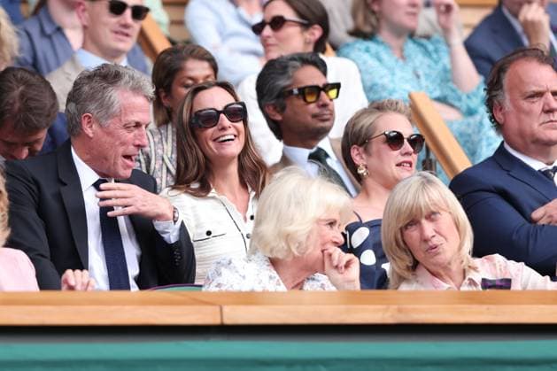 Wimbledon Feature,Hugh Grant and Anna Eberstein, Queen Camilla and Deborah Jevans AELTC Chair in the Royal Box Copyright: xJuergenxHasenkopfx