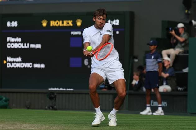 July 9, 2025, London, Celestynow, United Kingdom: FLAVIO COBOLLI of Italy during the match against N. Djokovic of Serbia in quarter-finals of Championships 2025 at Wimbledon AELTC in London. Cobolli lost 7:6 (8-6), 2:6, 5:7, 4:6 London United Kingdom - ZUMAc278 20250709_zsp_c278_049 Copyright: xMarcinxCholewinskix