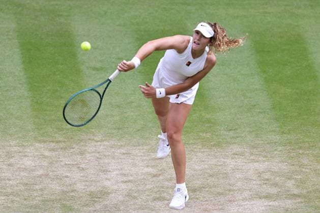 Mirra Andreeva, RUS, during quarterfinal of 2025 All England Lawn Tennis Championships at Wimbledon, womens singles, London, 09 07 2025