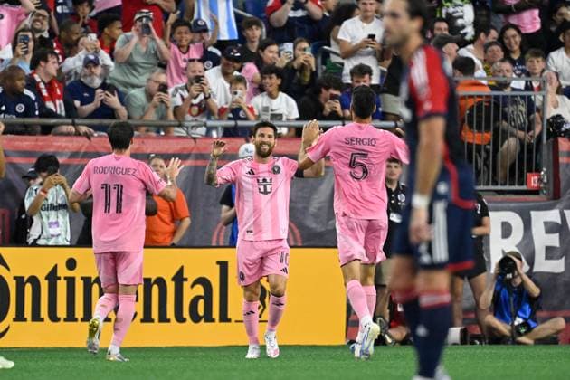 July 9, 2025; Foxborough, Massachusetts, USA; Inter Miami forward Lionel Messi (10) reacts to his goal against the New England Revolution during the first half at Gillette Stadium. CSM Foxborough USA - ZUMAc04_ 20250709_zma_c04_063 Copyright: xEricxCanhax