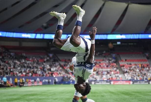 July 9, 2025, Vancouver, Bc, CANADA: Vancouver Whitecaps Emmanuel Sabbi does a backflip as he celebrates his goal against Valour FC during second half Canadian Championship quarterfinal soccer action, in Vancouver, B.C., Wednesday, July 9, 2025. Canada News - July 9, 2025  - ZUMAc35_ 20250709_zaf_c35_057 Copyright: xDarrylxDyckx