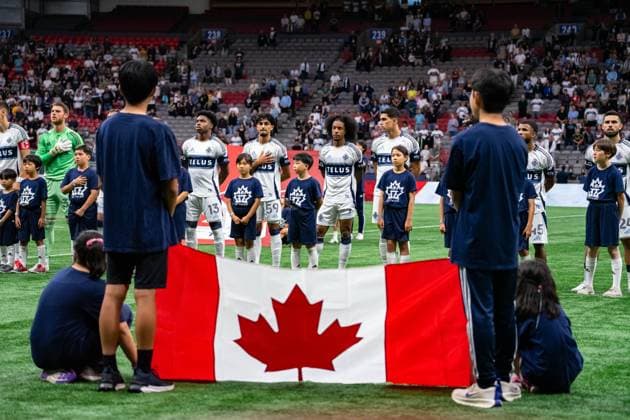 Vancouver, British Columbia, Canada, July 9th 2025: Vancouver Whitecaps FC starting lineup players stand during national anthems with the flag of Canada before the Canadian Championsihp quarterfinal match between Vancouver Whitecaps FC and Valour FC at BC Place Stadium in Vancouver, British Columbia, Canada (EDITORIAL USAGE ONLY). (Amy Elle SPP) Copyright: xAmyxElle SPPx spp-en-AmEl-DSC04345