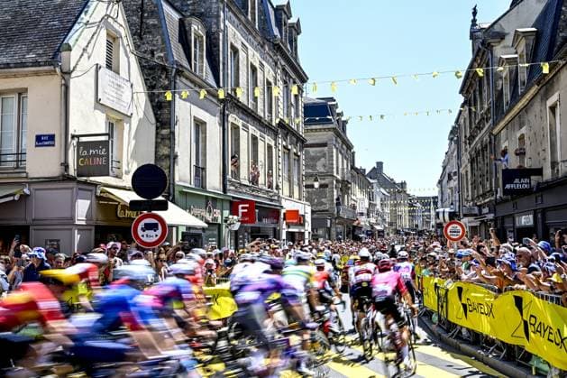 The pack of riders pictured at the start of stage six of the 2025 Tour de France cycling, from Bayeux to Vire Normandie (201 km), on Thursday 10 July 2025 in France. The 112th edition of the Tour de France starts on Saturday 5 July in Lille, France, and will finish in Paris, France on the 27th of July. JASPERxJACOBS  x128829383x