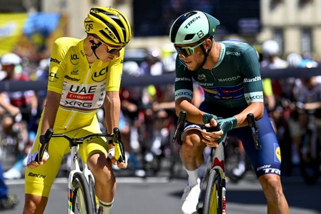 Slovenian Tadej Pogacar of UAE Team Emirates and Italian Jonathan Milan of Lidl-Trek pictured at the start of stage six of the 2025 Tour de France cycling, from Bayeux to Vire Normandie (201 km), on Thursday 10 July 2025 in France. The 112th edition of the Tour de France starts on Saturday 5 July in Lille, France, and will finish in Paris, France on the 27th of July. JASPERxJACOBS  x128830698x