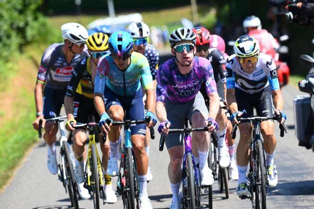 Tour de France 2025 Stage 6 VIRE NORMANDIE, FRANCE - JULY 10 : Van der Poel Mathieu (NED) of Alpecin - Deceuninck, Yates Simon (GBR) of Team Visma Lease a Bike, Tejada Harold (COL) of XDS Astana Team, Barta Will (USA) of Movistar Team during stage 6 of the 112th edition of Tour de France an UCI World Tour 2.UWT cycling road race stage for Men Elite of 201 km with start in Bayeux and finish in Vire Normandie on July 10, 2025 in Vire Normandie, France, 10 07 2025 ( Motordriver Kenny Verfaillie - Vire Normandie France  Copyright: xVincentxKalutx
