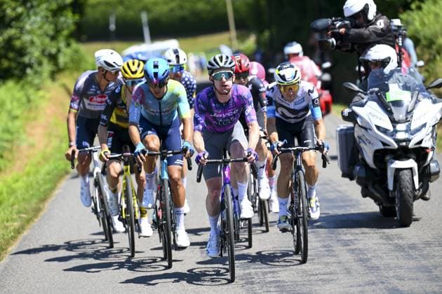 The breakaway group pictured in action during stage six of the 2025 Tour de France cycling, from Bayeux to Vire Normandie (201 km), on Thursday 10 July 2025 in France. The 112th edition of the Tour de France starts on Saturday 5 July in Lille, France, and will finish in Paris, France on the 27th of July. POOLxVINCENTxKALUT  x128837950x