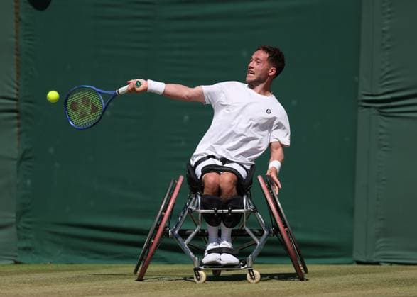 9th July 2025; All England Lawn Tennis and Croquet Club, London, England; Wimbledon Tennis Tournament, Day 10; Alfie Hewett (GBR) with a forehand shot to Zhenxu Ji (CHN) in their mens wheelchair singles quarter-final  ActionPlus12812004 JohnxPatrickxFletcher