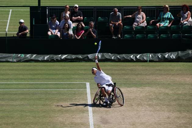 9th July 2025; All England Lawn Tennis and Croquet Club, London, England; Wimbledon Tennis Tournament, Day 10; Tokito Oda (JPN) serves to Ruben Spaargaren (NED) on court 15 in their mens wheelchair singles quarter-final  ActionPlus12812008 JohnxPatrickxFletcher