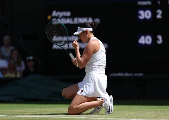 9th July 2025; All England Lawn Tennis and Croquet Club, London, England; Wimbledon Tennis Tournament, Day 10; Amanda Anisimova (USA) kneels on the court after her shot hits the net against Aryna Sabalenka (BLR) during their Ladies Singles Semi Final  ActionPlus12812029 JohnxPatrickxFletcher