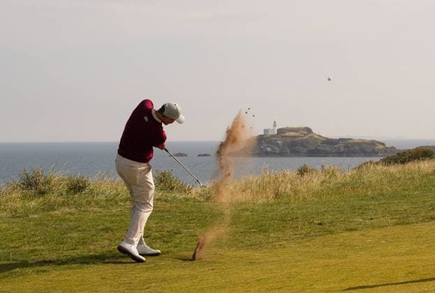 Adam Scott (AUS) plays his second shot on the 13th hole. Genesis Scottish Open, Day 1, Golf, Renaissance Club, North Berwick, Scotland, UK - 10 Jul 2025North Berwick Scotland United Kingdom EDITORIAL USE ONLY No use with unauthorised audio, video, data, fixture lists, club league logos or live services. Online in-match use limited to 120 images, no video emulation. No use in betting, games or single club league player publications. Copyright: xStuartxWallace Shutterstockx 15393027bk
