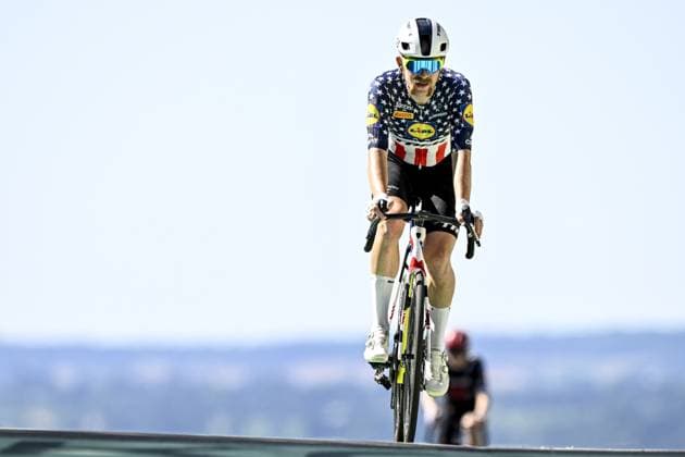 US Quinn Simmons of Lidl-Trek pictured in action during stage six of the 2025 Tour de France cycling, from Bayeux to Vire Normandie (201 km), on Thursday 10 July 2025 in France. The 112th edition of the Tour de France starts on Saturday 5 July in Lille, France, and will finish in Paris, France on the 27th of July. JASPERxJACOBS  x128850406x