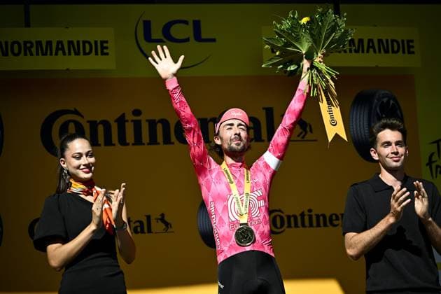 Irish Ben Healy of EF Education-EasyPost celebrates on the podium after winning stage six of the 2025 Tour de France cycling, from Bayeux to Vire Normandie (201 km), on Thursday 10 July 2025 in France. The 112th edition of the Tour de France starts on Saturday 5 July in Lille, France, and will finish in Paris, France on the 27th of July. JASPERxJACOBS  x128851656x