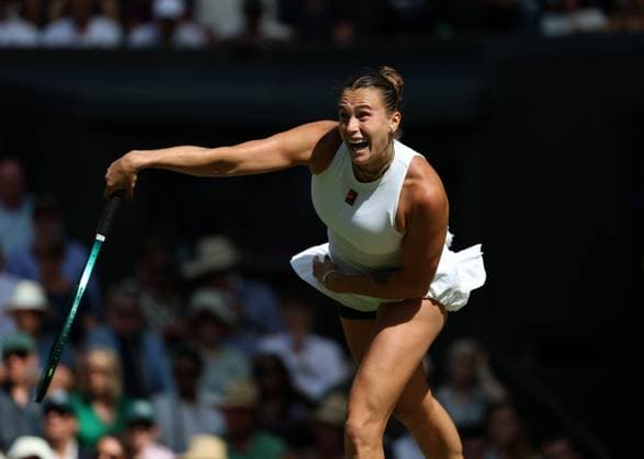 9th July 2025; All England Lawn Tennis and Croquet Club, London, England; Wimbledon Tennis Tournament, Day 10; Aryna Sabalenka (BLR) serves to Amanda Anisimova (USA)  ActionPlus12812141 JohnxPatrickxFletcher