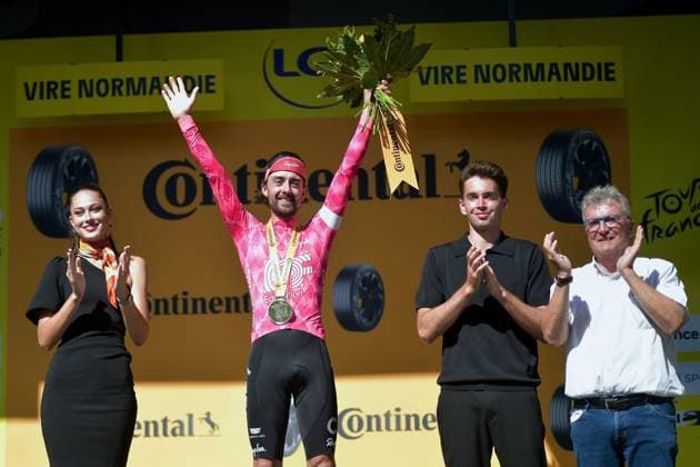 Tour de France - Stage 6 Ben Healy of Ireland and Team EF Education - EasyPost celebrates at finish line as stage winner during the 112th Tour de France, Stage 6 a 201.5km stage from Bayeux to Vire Normandie UCIWT on July 10, 2025 in Vire Normandie, France. Photo by Franck Castel ABACAPRESS.COM vire France  Copyright: xCastelxFranck ABACAx