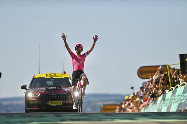 Tour de France - Stage 6 Ben Healy of Ireland and Team EF Education - EasyPost celebrates at finish line as stage winner during the 112th Tour de France, Stage 6 a 201.5km stage from Bayeux to Vire Normandie UCIWT on July 10, 2025 in Vire Normandie, France. Photo by Franck Castel ABACAPRESS.COM vire France  Copyright: xCastelxFranck ABACAx