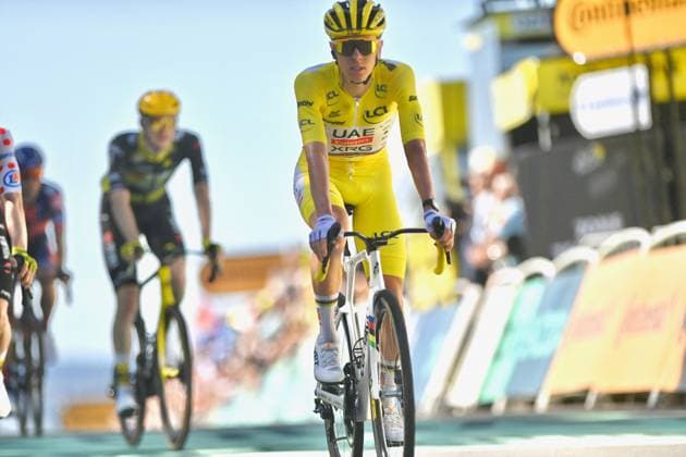Tour de France - Stage 6 Tadej Pogacar of Slovenia and UAE Team Emirates - XRG - Yellow leader jersey crosses the finish line during the 112th Tour de France, Stage 6 a 201.5km stage from Bayeux to Vire Normandie UCIWT on July 10, 2025 in Vire Normandie, France. Photo by Franck Castel ABACAPRESS.COM vire France  Copyright: xCastelxFranck ABACAx