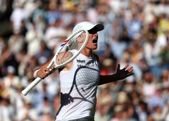 10th July 2025; All England Lawn Tennis and Croquet Club, London, England; Wimbledon Tennis Tournament, Day 11; Iga Swiatek (POL) celebrates after defeating Belinda Bencic (SUI) in straight sets to book her place in the Ladies Singles Final, during their womens singles semi-final match  ActionPlus12812189 JohnxPatrickxFletcher