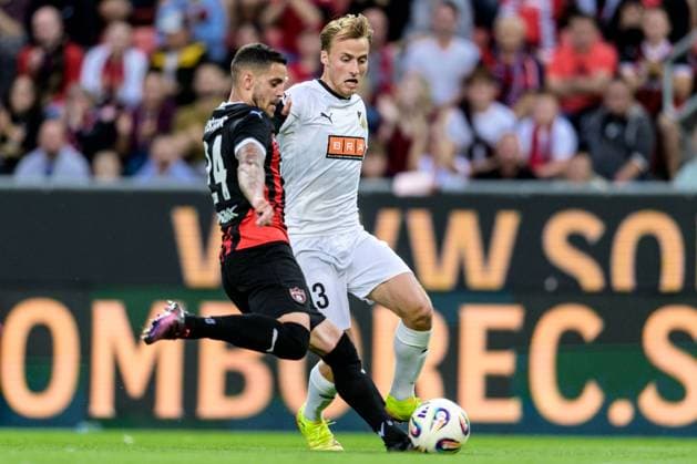 250710 Kristian Kostrna of Spartak Trnava and Sigge Jansson of Häcken during the UEFA Europa League qualifier football match between Spartak Trnava and Häcken on July 10, 2025 in Trnava Photo Mathilda Schuler BILDBYRAN kod MA MA0843 fotboll football soccer fotball uefa europa league europa league spartak trnava häcken bbeng  Copyright: MATHILDAxSCHULER BB250710MA066