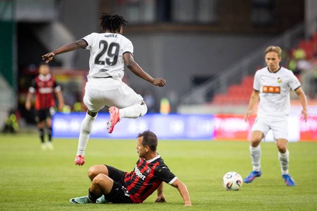 SPARTAK TRNAVA - HACKEN Martin Mikovic of Trnava and Severin Nioule of Hacken during the 1st leg of first qualifying round of the UEFA Europa League football match between FC Spartak Trnava and BK Hacken. Trnava, Slovakia, July 10, 2025. Copyright: xx 080A0385