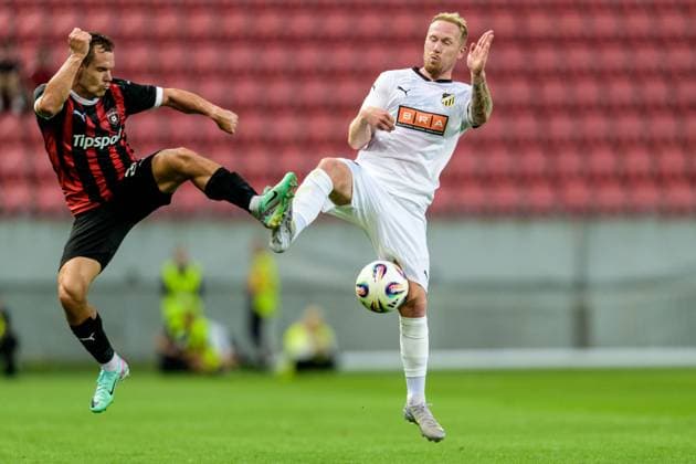 250710 Martin Mikovic of Spartak Trnava and Mikkel Rygaard Jensen of Häcken during the UEFA Europa League qualifier football match between Spartak Trnava and Häcken on July 10, 2025 in Trnava Photo Mathilda Schuler BILDBYRAN kod MA MA0843 fotboll football soccer fotball uefa europa league europa league spartak trnava häcken bbeng  Copyright: MATHILDAxSCHULER BB250710MA069