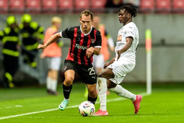 250710 Martin Mikovic of Spartak Trnava and Severin Nioule of Häcken during the UEFA Europa League qualifier football match between Spartak Trnava and Häcken on July 10, 2025 in Trnava Photo Mathilda Schuler BILDBYRAN kod MA MA0843 fotboll football soccer fotball uefa europa league europa league spartak trnava häcken bbeng  Copyright: MATHILDAxSCHULER BB250710MA077