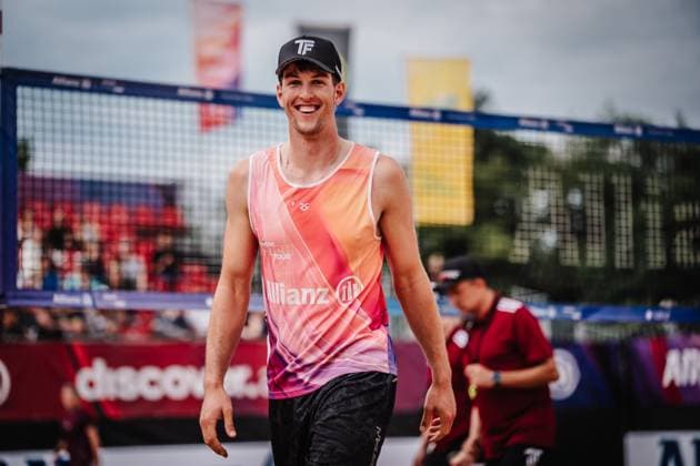 Beach volleyball men Allianz German Beach Tour 2025 Tourstop Munich 10 07 2025 Tristan Fröbel is happy after the victory Munich Central University Sports Munich Bavaria Germany