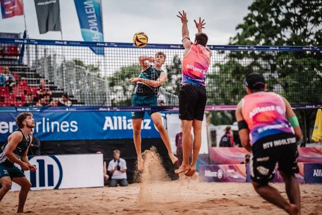 Beach volleyball men Allianz German Beach Tour 2025 Tourstop Munich 10 07 2025 Yannik Ahr at the attack Munich Central University Sports Munich Bavaria Germany