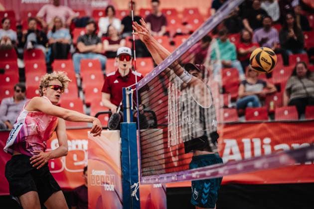 Beach volleyball men Allianz German Beach Tour 2025 Tourstop Munich 10 07 2025 Tamo Wüst at the attack Munich Central University Sports Munich Bavaria Germany