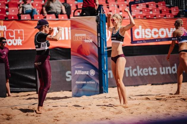 Beach volleyball women Allianz German Beach Tour 2025 Tourstop Munich 10 07 2025 f l Melanie Gernert and Nele Barber Munich Central University Sports Munich Bavaria Germany