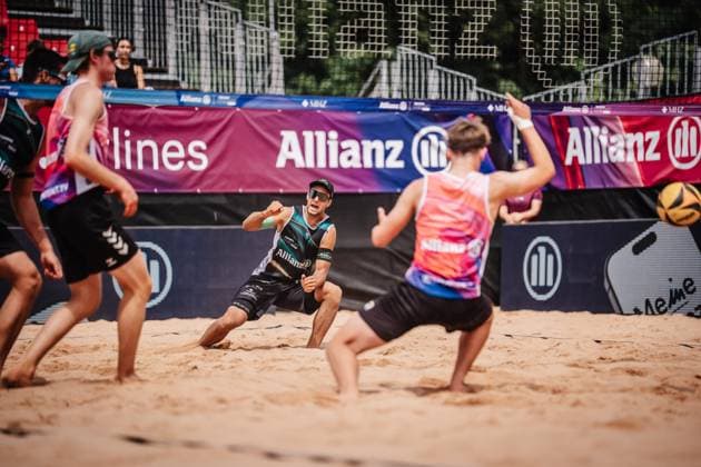 Beach volleyball men Allianz German Beach Tour 2025 Tourstop Munich 10 07 2025 Kim Huber cheers Munich Central University Sports Munich Bavaria Germany