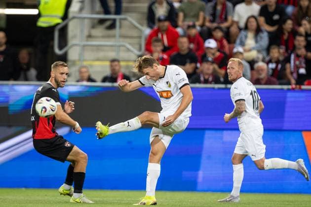 SPARTAK TRNAVA - HACKEN Milos Kratochvil of Trnava and Sigge Jansson of Hacken during the 1st leg of first qualifying round of the UEFA Europa League football match between FC Spartak Trnava and BK Hacken. Trnava, Slovakia, July 10, 2025. Copyright: xx 080A0624