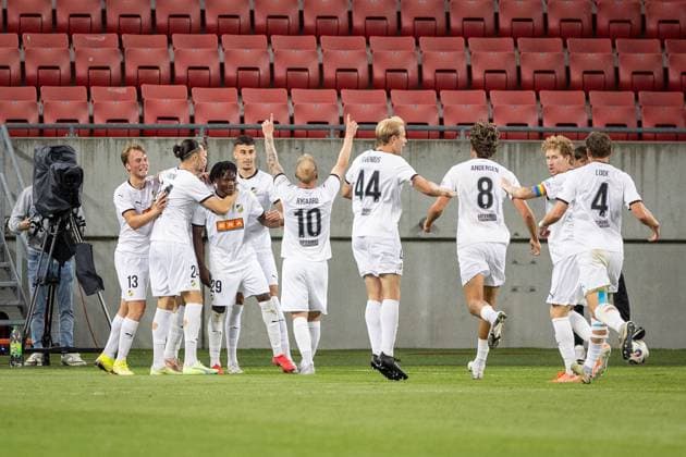 SPARTAK TRNAVA - HACKEN Severin Nioule of Hacken celebrates a goal with his teammates during the 1st leg of first qualifying round of the UEFA Europa League football match between FC Spartak Trnava and BK Hacken. Trnava, Slovakia, July 10, 2025. Copyright: xx 080A0708
