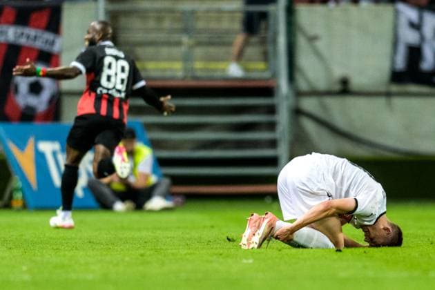250710 Cedric Badolo of Spartak Trnava and Adrian Svanbäck of Häcken during the UEFA Europa League qualifier football match between Spartak Trnava and Häcken on July 10, 2025 in Trnava Photo Mathilda Schuler BILDBYRAN kod MA MA0843 fotboll football soccer fotball uefa europa league europa league spartak trnava häcken bbeng  Copyright: MATHILDAxSCHULER BB250710MA097