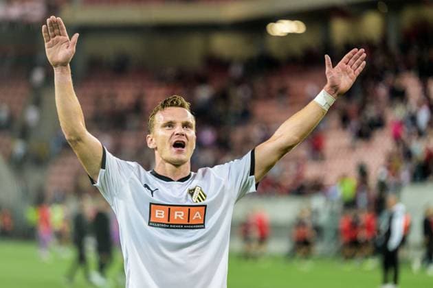 250710 Marius Lode of Häcken celebrates after the UEFA Europa League qualifier football match between Spartak Trnava and Häcken on July 10, 2025 in Trnava Photo Mathilda Schuler BILDBYRAN kod MA MA0843 fotboll football soccer fotball uefa europa league europa league spartak trnava häcken bbeng jubel  Copyright: MATHILDAxSCHULER BB250710MA105