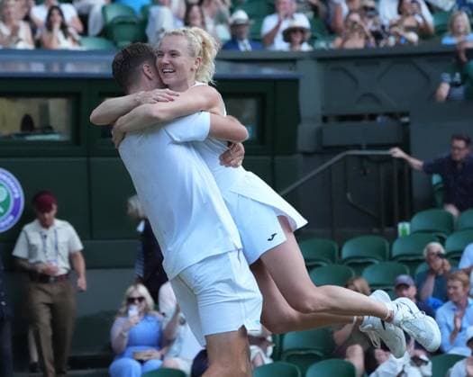 Tennis - 2025 Wimbledon Championships - Mixed Doubles Final. See Verbeek and Katerina Siniakova v Joe Salisbury and Luisa Stafani All England Lawn Tennis & Croquet Club - Thursday 10th July 2025 Winners, See Verbeek and Katerina Siniakova hug each other after winning match point 