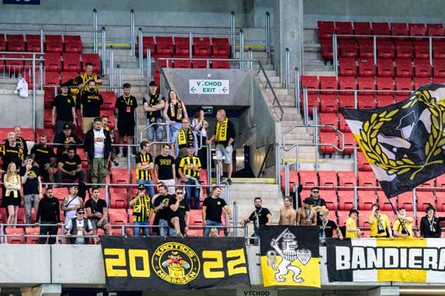 250710 Fans of Häcken during the UEFA Europa League qualifier football match between Spartak Trnava and Häcken on July 10, 2025 in Trnava Photo Mathilda Schuler BILDBYRAN kod MA MA0843 fotboll football soccer fotball uefa europa league europa league spartak trnava häcken bbeng publik  Copyright: MATHILDAxSCHULER BB250710MA126