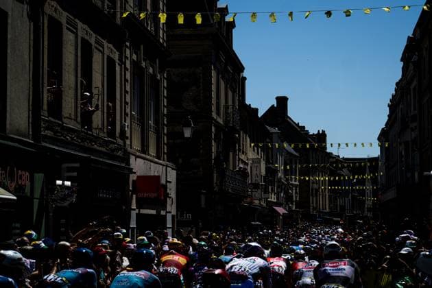 The pack of riders pictured in action during stage six of the 2025 Tour de France cycling, from Bayeux to Vire Normandie (201 km), on Thursday 10 July 2025 in France. The 112th edition of the Tour de France starts on Saturday 5 July in Lille, France, and will finish in Paris, France on the 27th of July. JASPERxJACOBS  x128869072x