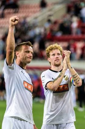 250710 Simon Gustafson of Häcken celebrates after the UEFA Europa League qualifier football match between Spartak Trnava and Häcken on July 10, 2025 in Trnava Photo Mathilda Schuler BILDBYRAN kod MA MA0843 fotboll football soccer fotball uefa europa league europa league spartak trnava häcken bbeng jubel  Copyright: MATHILDAxSCHULER BB250710MA135