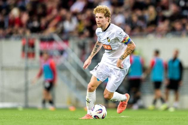 250710 Simon Gustafson of Häcken during the UEFA Europa League qualifier football match between Spartak Trnava and Häcken on July 10, 2025 in Trnava Photo Mathilda Schuler BILDBYRAN kod MA MA0843 fotboll football soccer fotball uefa europa league europa league spartak trnava häcken bbeng  Copyright: MATHILDAxSCHULER BB250710MA139
