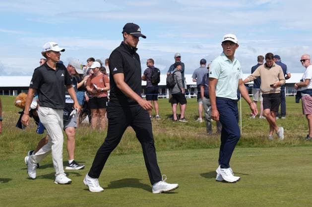 UK: The Genesis Scottish Open at The Renaissance Club, North Berwick, Scotland on 10 July 2025: Pictured: Martin Couvra (France), Ludvig Aberg (Sweden) and Collin Morikawa (USA) leave the 3rd tee during the first round of the Genesis Scottish Open 2025 at The Renaissance Club, North Berwick, Scotland North Berwick The Renaissance Club Scotland Copyright: xAlexxToddx